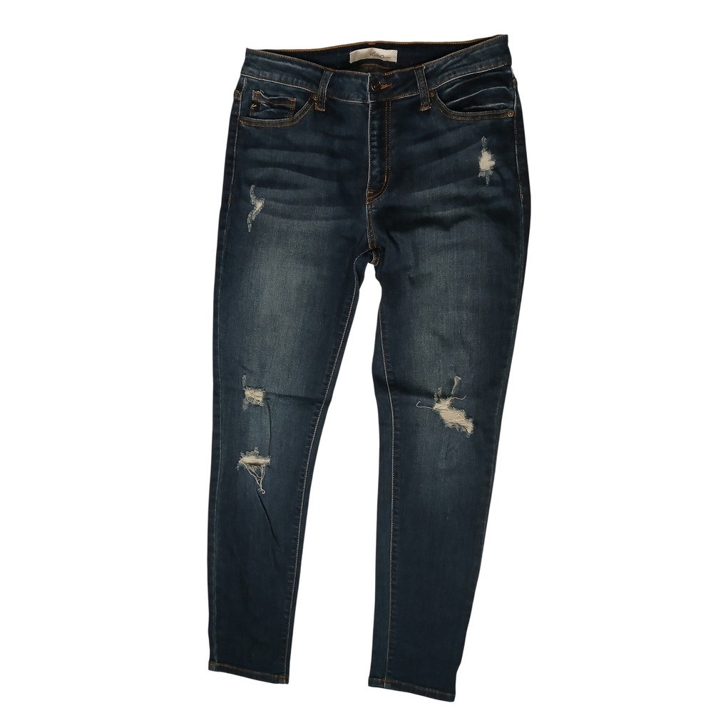 KanCan Women Dark Wash Distressed Skinny Jeans Mid Rise Ripped Denim Size 9/28